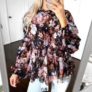 Tuckernuck OPT floral mock neck long sleeves top size small modest dark florals